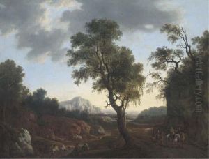 Figures By A Stream And Travellers On A Track In A Woodedlandscape by Thomas Roberts