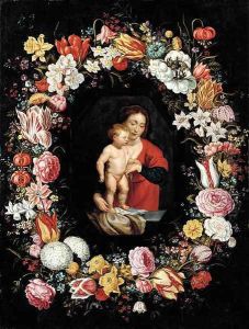 The Virgin and Child surrounded by a garland of flowers by Andries Daniels or Danielsz