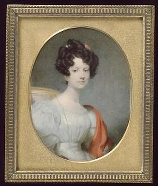 Mrs. William Josh Cottman, 
Seated, Wearing White Dress, Long Gold Chain Necklace And Vermilion-red 
Cloak Over Her Left Shoulder, A Matching Ribbon In Her Curled Dark Hair - view 1