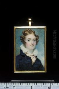A Lady, Wearing Blue Coat With 
Black Frogging, Cream Waistcoat, Pink Cravat And White Ruff Collar, Her 
Hair In Ringlets And In A Plaited Bun by Andrew Robertson