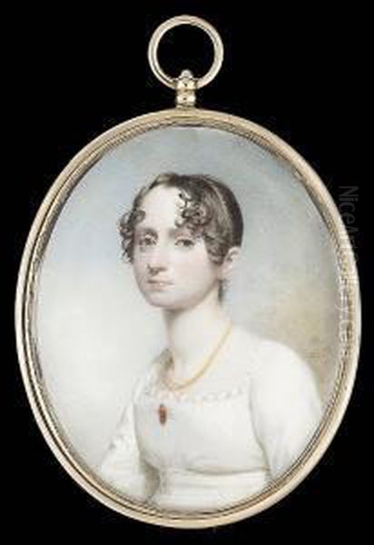 A Young Lady, Wearing White
Dress With Scalloped Trim, Gold Mounted Ruby Brooch And Multi-strand
Gold Necklace - view 1