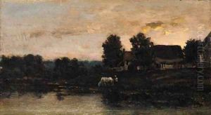 Cattle watering in a twilight landscape by Charles-Francois Daubigny