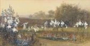 Roland And Mildred Robertson, The Artist's Children Playing Shuttlecock In The Garden by Charles Robertson