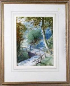 A River Landscape With A Woman Crossing A Wooden Bridge