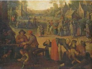 A village scene with numerous peasants and a travelling merchant beyond by Cornelis Droochsloot