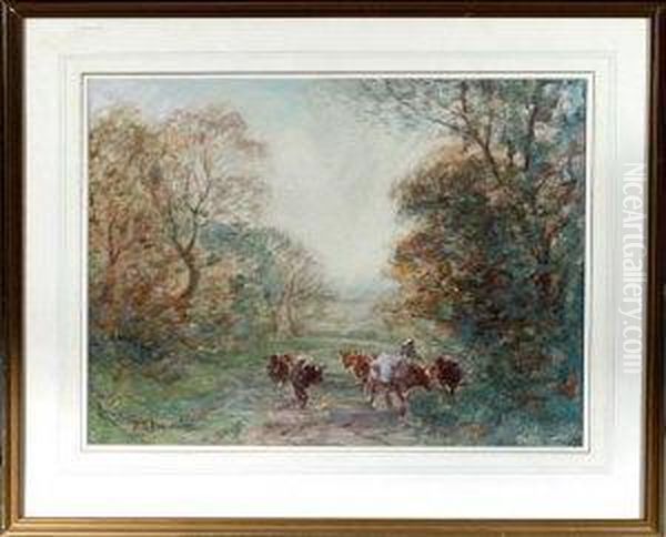 A Woman Driving Cattle Along A Woodland Path - view 1
