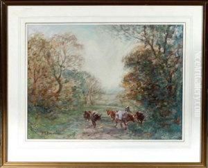 A Woman Driving Cattle Along A Woodland Path