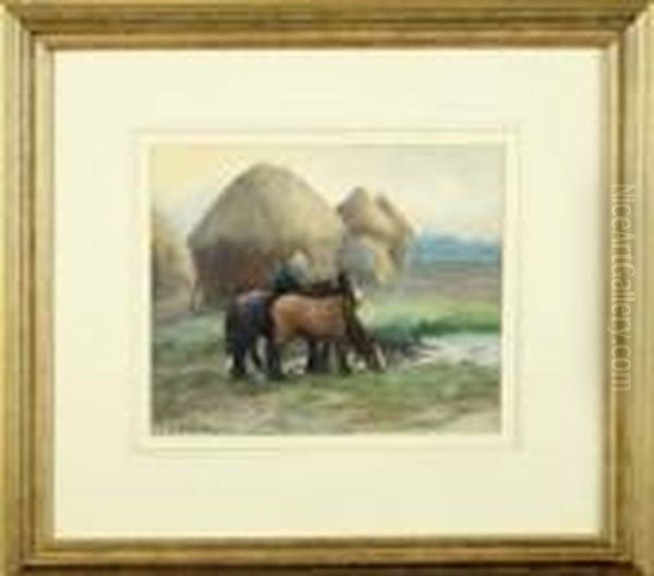 A Farmer And Two Horses At A Pool With Haystacks Beyond - view 1