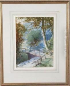 A Female Figure Crossing A Rustic Bridge