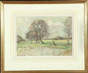 A Country Scene With Trees By A Pool And A Farmhouse In The Distance