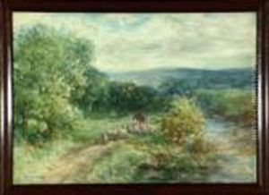 A Shepherd On A Horse Driving His Flock Along A Riverside Path