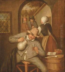 A man pouring himself a glass of beer in an interior by Cornelis Dussaert