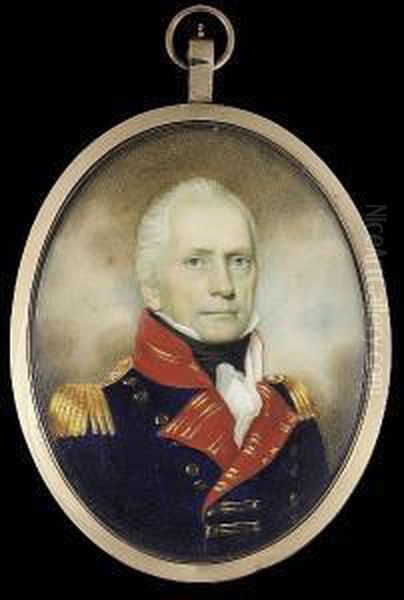 An Officer Of Royal Artillery,
Wearing Dark Blue Coat With Red Facings And Gold Epaulettes, Black Stock
And Frilled White Cravat - view 1