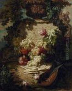 011 Jean Baptiste Claude Robie , Blumenstilleben Mit Laute Und Handschuhen