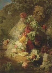 A Still Life Of Lace, Flowers And Gloves In A Garden by Jean-Baptiste Robie