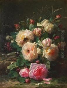 A Still Life With Roses, A Titmouse And A Bumblebee
