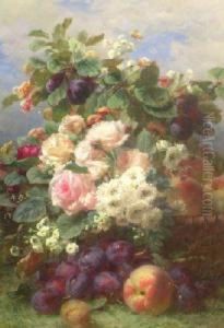 A Basket Overflowing With Flowers And Fruit Set In A Garden A Basket Overflowing With Flowers And Fruit Set In A Garden