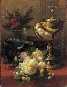 A Bouquet Of Roses And Other 
Flowers In A Glass Goblet With A Chinese Lacquer Box And A Nautilus Cup 
On A Red Velvet Draped Table