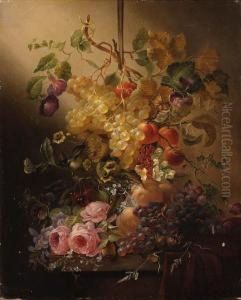 Flowers, Fruit, A Bird And Butterflies On A Table by Jean-Baptiste Robie