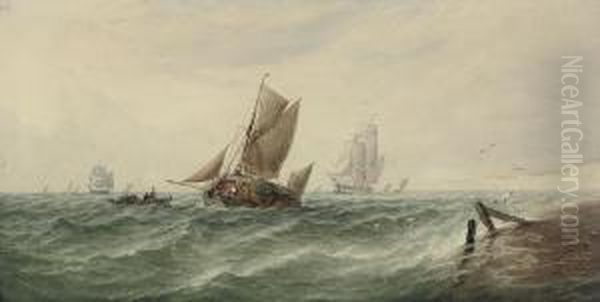 A Loaded Hay Barge And Other Shipping In Choppy Waters Off The White Cliffs Of Dover - view 1