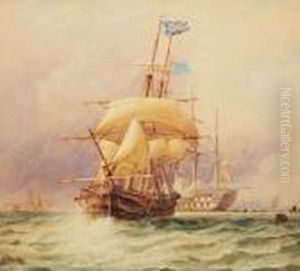 A Merchantman Under Reduced Sail With A Man O' War Beyond