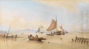 Barges And A Trading Brig At Work In Anestuary