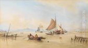 Barges And A Trading Brig At 
Work In Anestuary, With Fishermen Recovering Their Lobster Pots In 
Theforeground