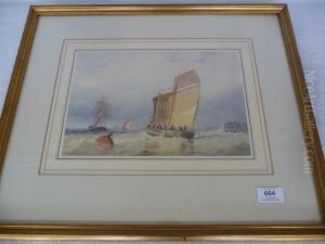 Fishing Boats Off A Quayside, Figures Looking On