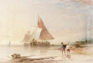 Figures By The Shore, With Fishing Boats Beyond