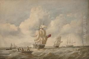 Two Merchantmen Heading Up An 
Estuary With An American Three-masterbeing Towed Out To Sea