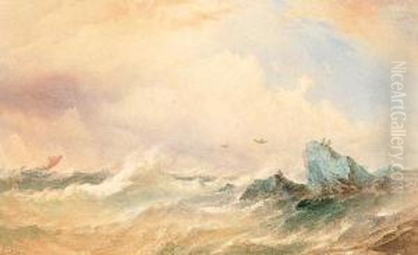 Sailing Vessel In Squally Seas Off A Rocky Coast - view 1