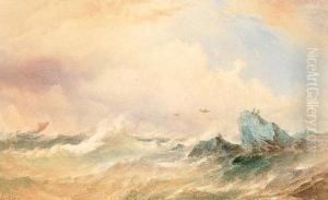 Sailing Vessel In Squally Seas Off A Rocky Coast by Thomas Sewell Robins