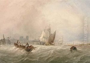 Fishermen Hauling In Their Nets On The Medway Amidst Other Shipping