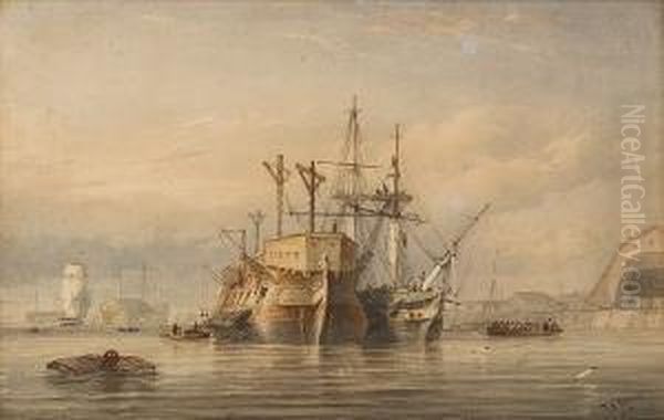 A Frigate Refitting Alongside A Hulk In Devonport - view 1