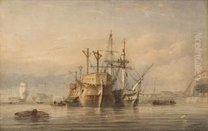 A Frigate Refitting Alongside A Hulk In Devonport