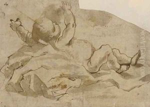 An infant lying among draperies