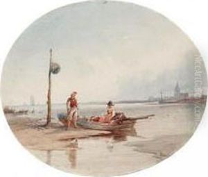 Figures By A Rowing Boat On The Shore by Thomas Sewell Robins