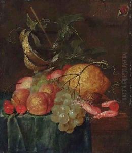 A still life with shrimp, grapes, cherries, peaches and a glass goblet on a partially covered table