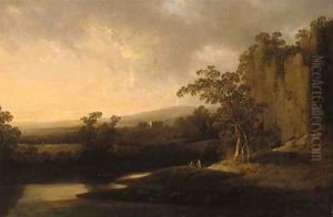 An extensive river landscape with anglers in the foreground and houses beyond