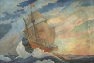 Spanish Galleon At Sea With Sunset Sky Spanish Galleon At Sea With Sunset Sky