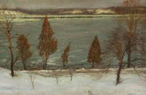 Hal Robinson . Snow Scene Along River, Signed Lower Left - view 1