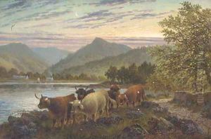 Cattle on the waters edge at Brodick, Arran by Albert Dunnington