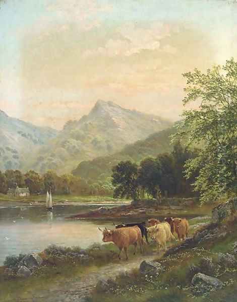 Highland cattle by a river - view 1