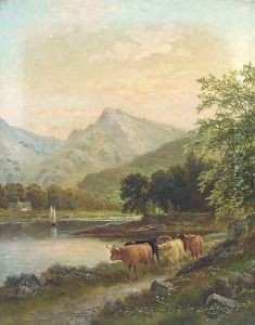 Highland cattle by a river