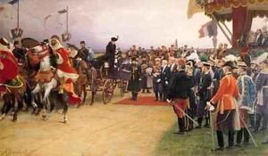 President Emile Loubet 1838-1929 Welcoming Tsar Nicolas II 1894-1917 and the Empress Alexandra 1872-1918 to the Camp at Betheny by Albert Pierre Dawant