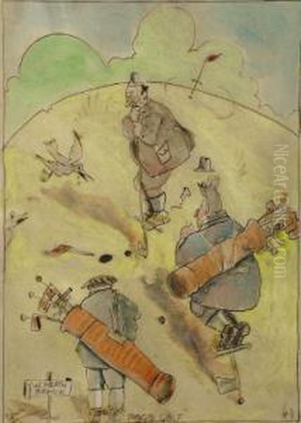 "pogo Golf" - A Humorous Scene Watercolour Wash With Pen And Ink - view 1