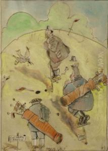 "pogo Golf" - A Humorous Scene Watercolour Wash With Pen And Ink by William Heath Robinson