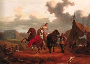 Travellers asking directions on a country track; and Elegant riders at a gypsy encampment by Eustache Francois Duval