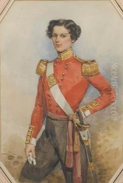 An Officer Of The 96th Regiment 
Of Foot,wearing Double-breasted Red Coatee With Gold Epaulettes And 
Collar,white Cuffs, Black Breeches, Crimson Sash Tied At His Waist, 
Whitecross Belt, The Belt Plate Bearing - view 1