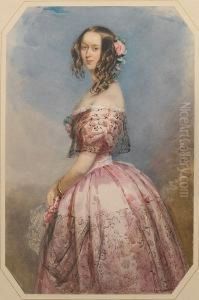 A Lady, Wearing Pink Dress, The
Bodice Andskirt Lavishly Trimmed With Flounces Of Black Lace, Pink
Rosecorsage And Gold Bracelet Around Her Left Wrist, Her Long Brownhair
Dressed In Ringlets With Pink Roses And Green Leaves, Sheholds A White
Lace A Lady, Wearing Pink Dress, The
Bodice Andskirt Lavishly Trimmed With Flounces Of Black Lace, Pink
Rosecorsage And Gold Bracelet Around Her Left Wrist, Her Long Brownhair
Dressed In Ringlets With Pink Roses And Green Leaves, Sheholds A White
Lace